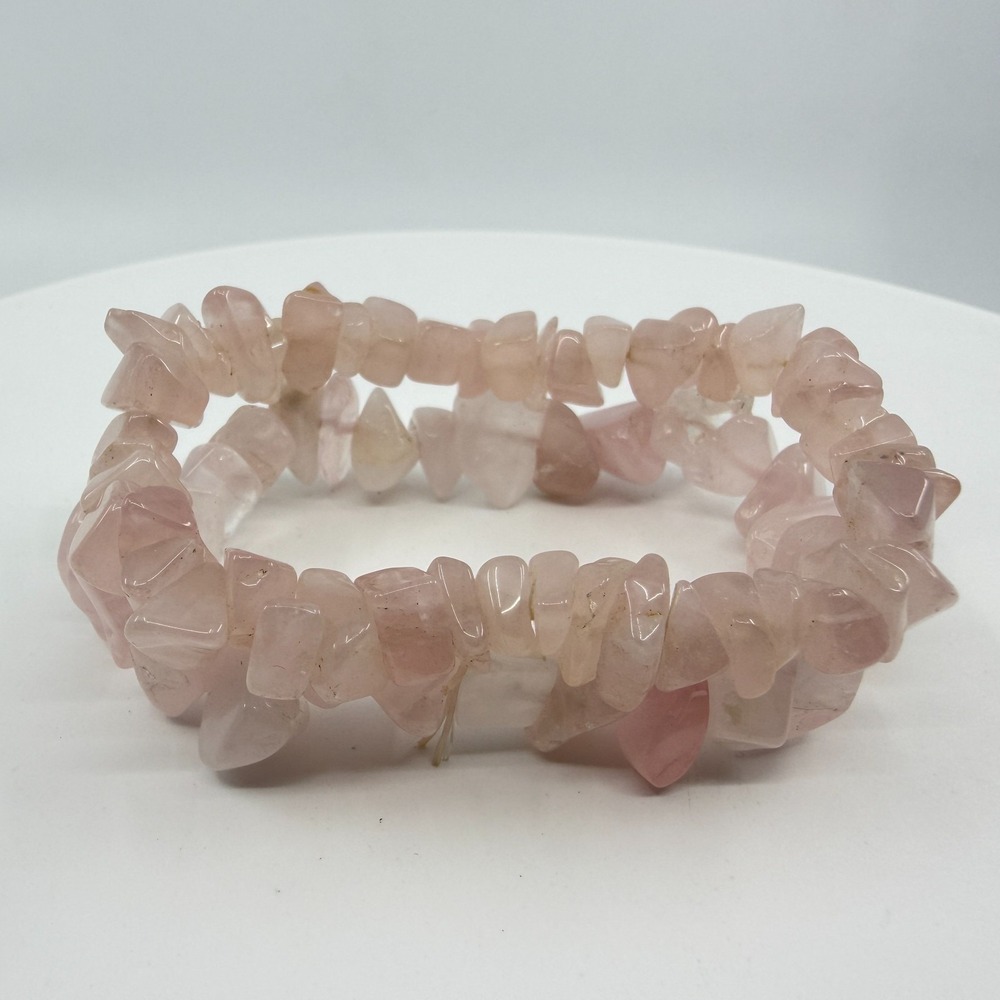 Y2K Rose Quartz Chip Stretch Bracelet Set - Stackable Natural Crystal